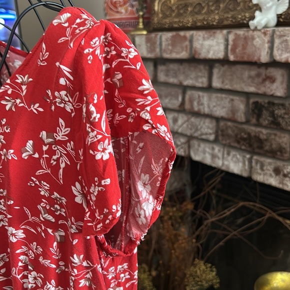 Red Indigo Rose Dress With White Floral Pattern V-Neck Sz L - Picture 4 of 6